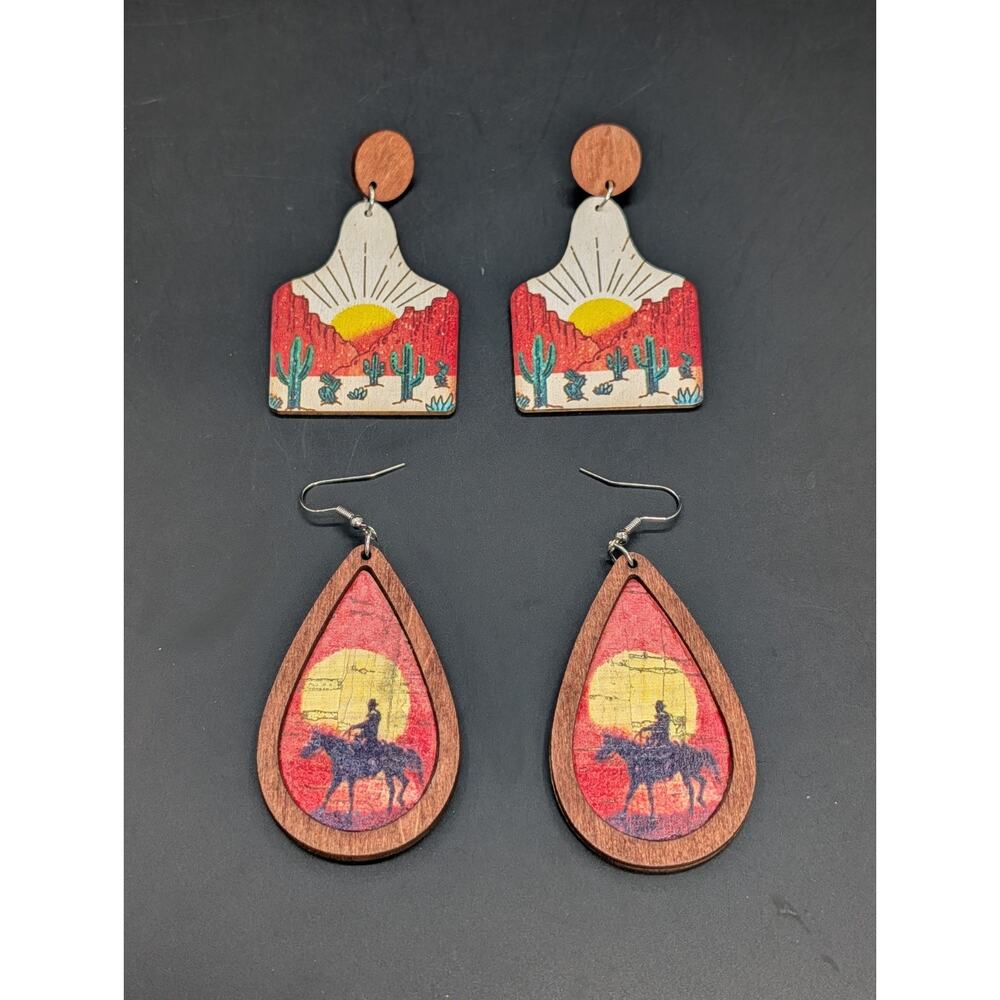 2 Western Wood Cattle Tag Desert Cactus Sun Mesa Sunset Boho Cowgirl Earrings